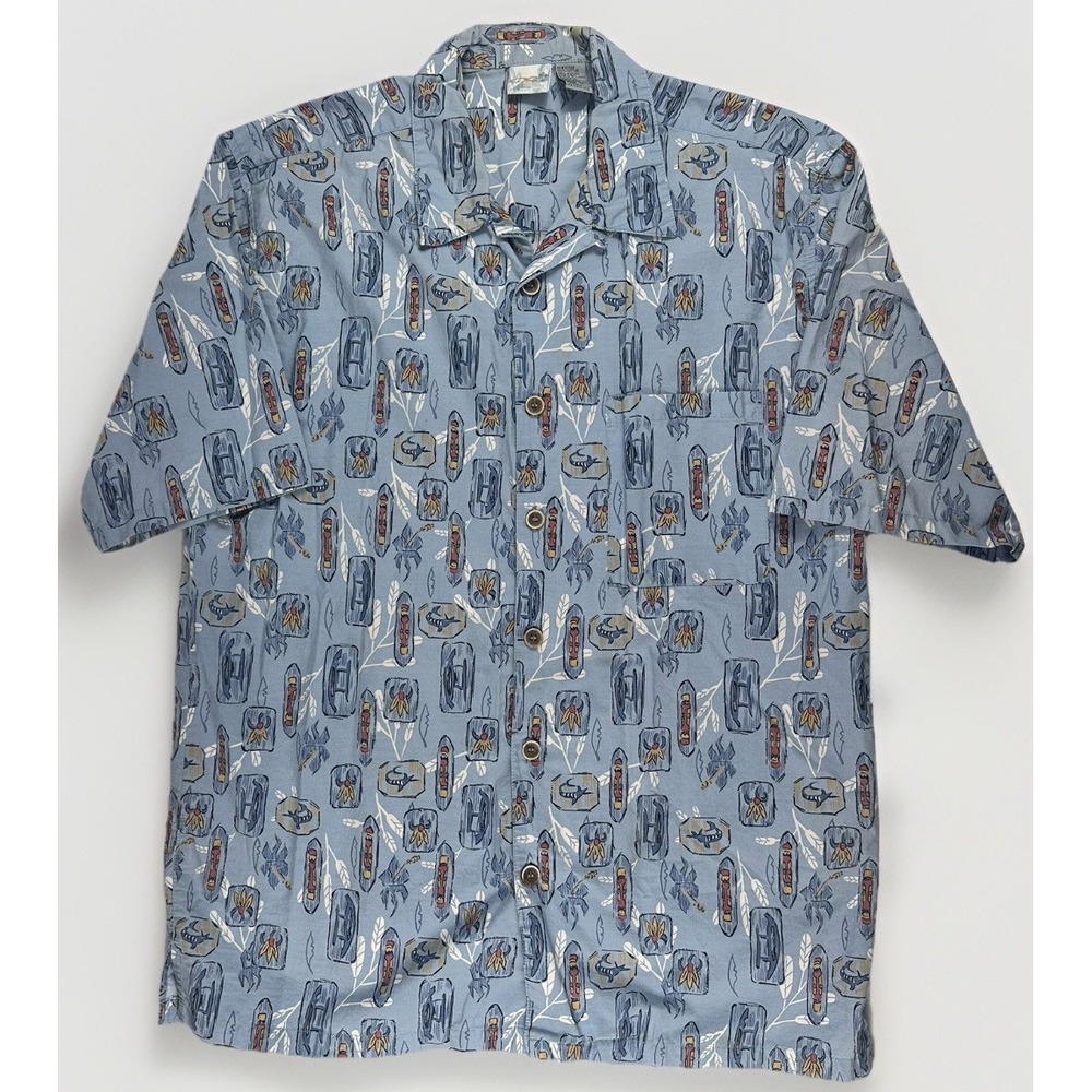 OP Ocean Pacific Shirt Mens L Blue Canoe Hawaiian Aloha Surf Camp Button Up